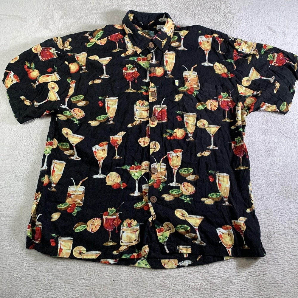 Pineapple Moon Shirt Mens Large‎ Black Cocktail Hawaiian Rayon Short Sleeve FLAW